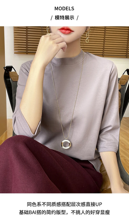 Cotton Cropped T-Shirt - Women's Semi-High Neck Loose Fit Three Quarter Sleeve Top - ZOOMNSTORE