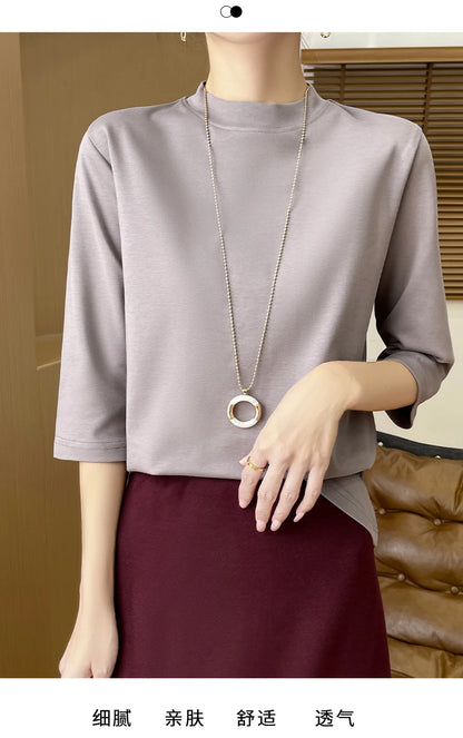 Cotton Cropped T-Shirt - Women's Semi-High Neck Loose Fit Three Quarter Sleeve Top - ZOOMNSTORE