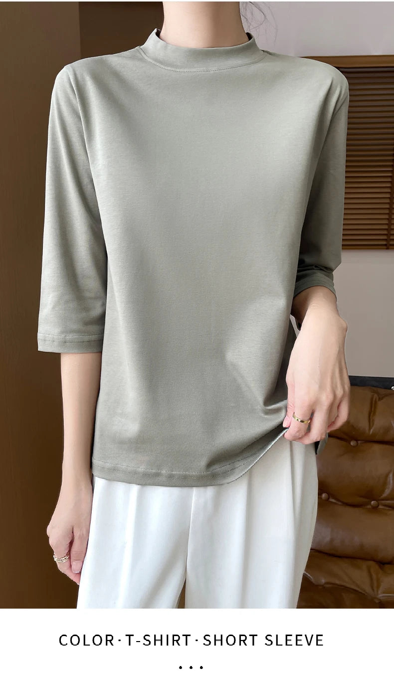 Cotton Cropped T-Shirt - Women's Semi-High Neck Loose Fit Three Quarter Sleeve Top - ZOOMNSTORE
