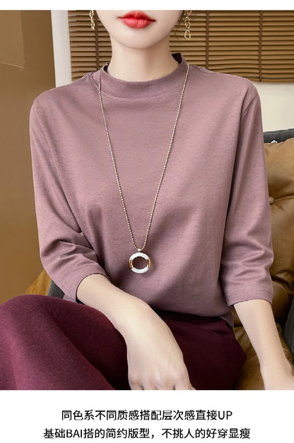 Cotton Cropped T-Shirt - Women's Semi-High Neck Loose Fit Three Quarter Sleeve Top - ZOOMNSTORE