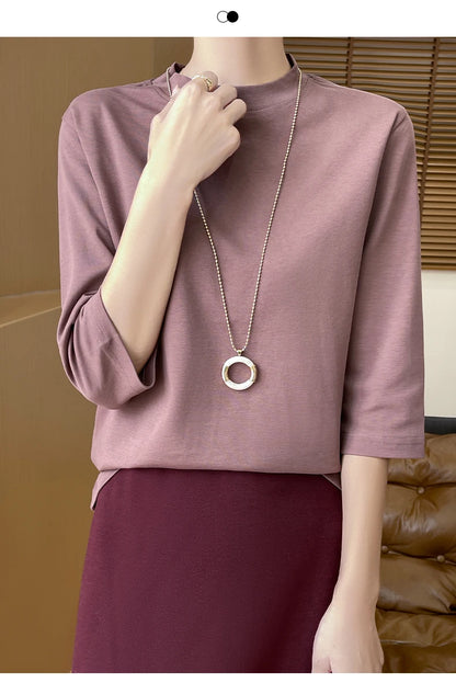 Cotton Cropped T-Shirt - Women's Semi-High Neck Loose Fit Three Quarter Sleeve Top - ZOOMNSTORE