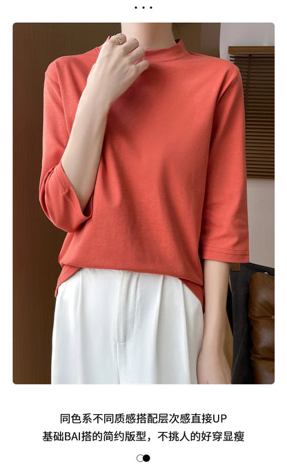 Cotton Cropped T-Shirt - Women's Semi-High Neck Loose Fit Three Quarter Sleeve Top - ZOOMNSTORE