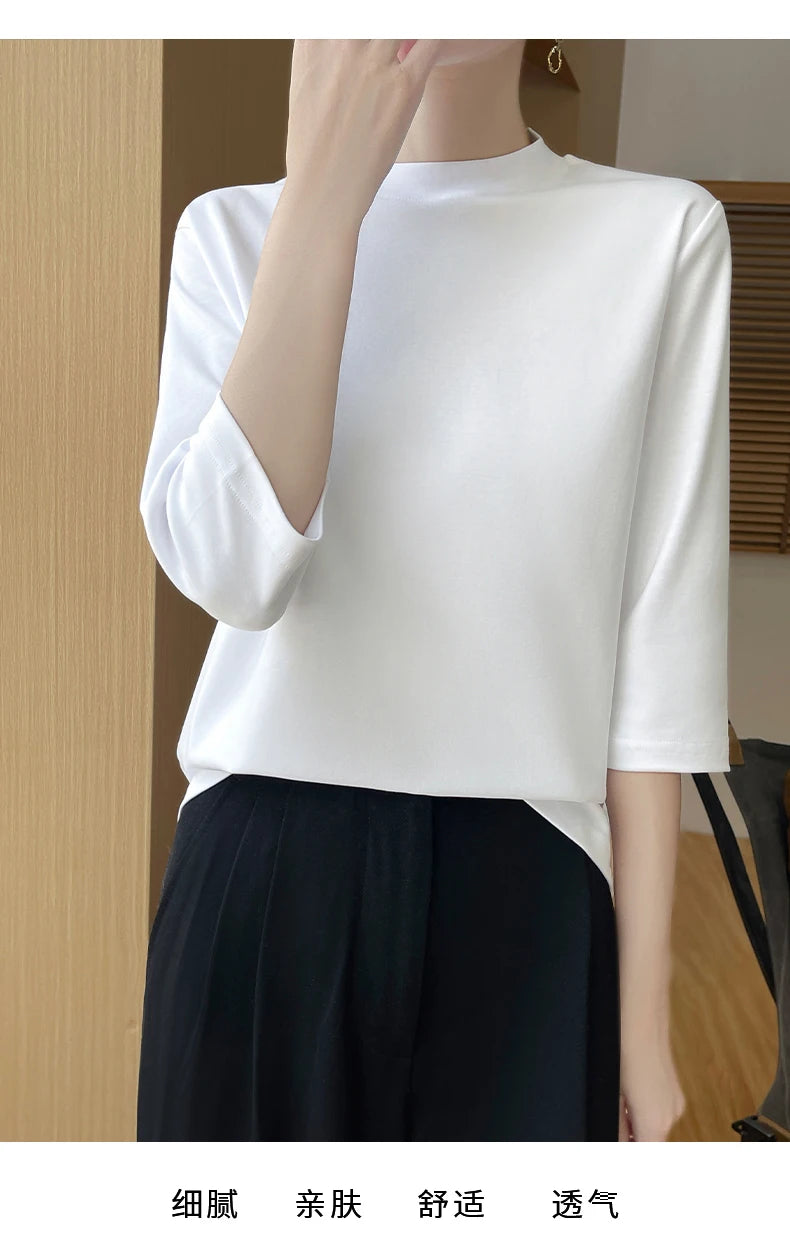 Cotton Cropped T-Shirt - Women's Semi-High Neck Loose Fit Three Quarter Sleeve Top - ZOOMNSTORE