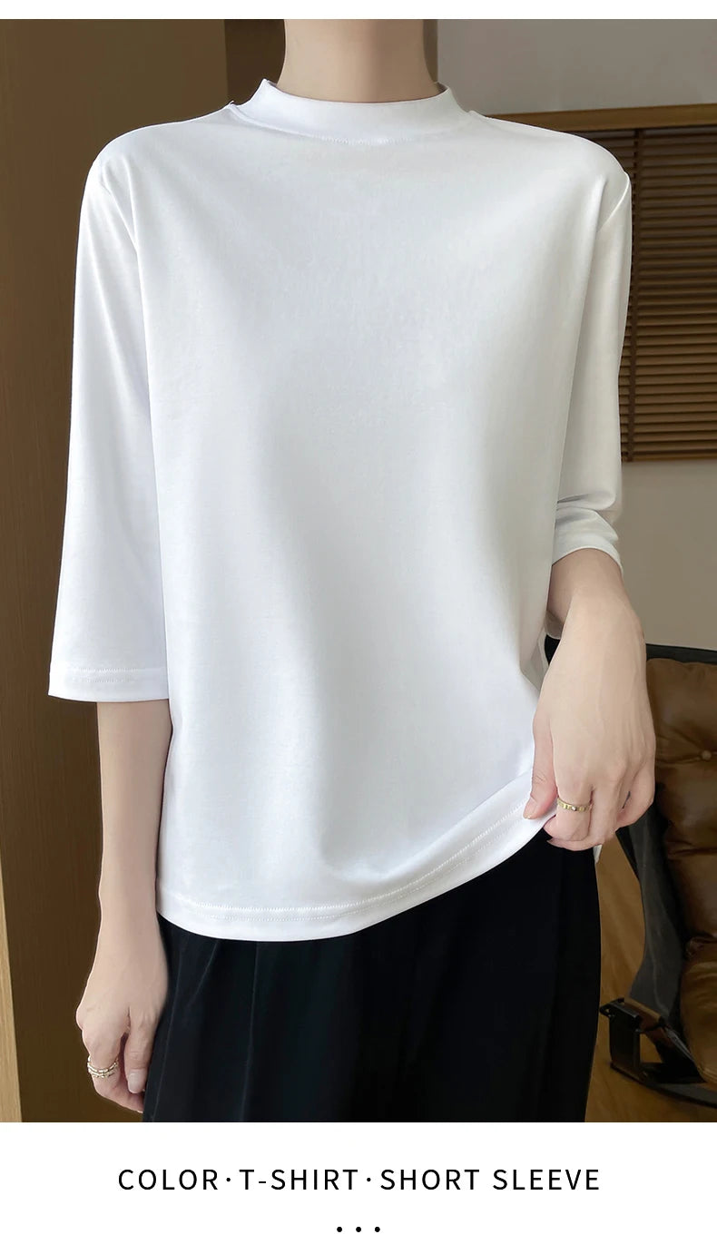 Cotton Cropped T-Shirt - Women's Semi-High Neck Loose Fit Three Quarter Sleeve Top - ZOOMNSTORE