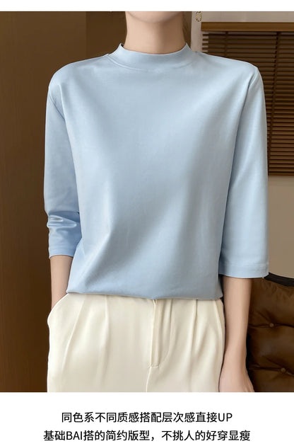 Cotton Cropped T-Shirt - Women's Semi-High Neck Loose Fit Three Quarter Sleeve Top - ZOOMNSTORE