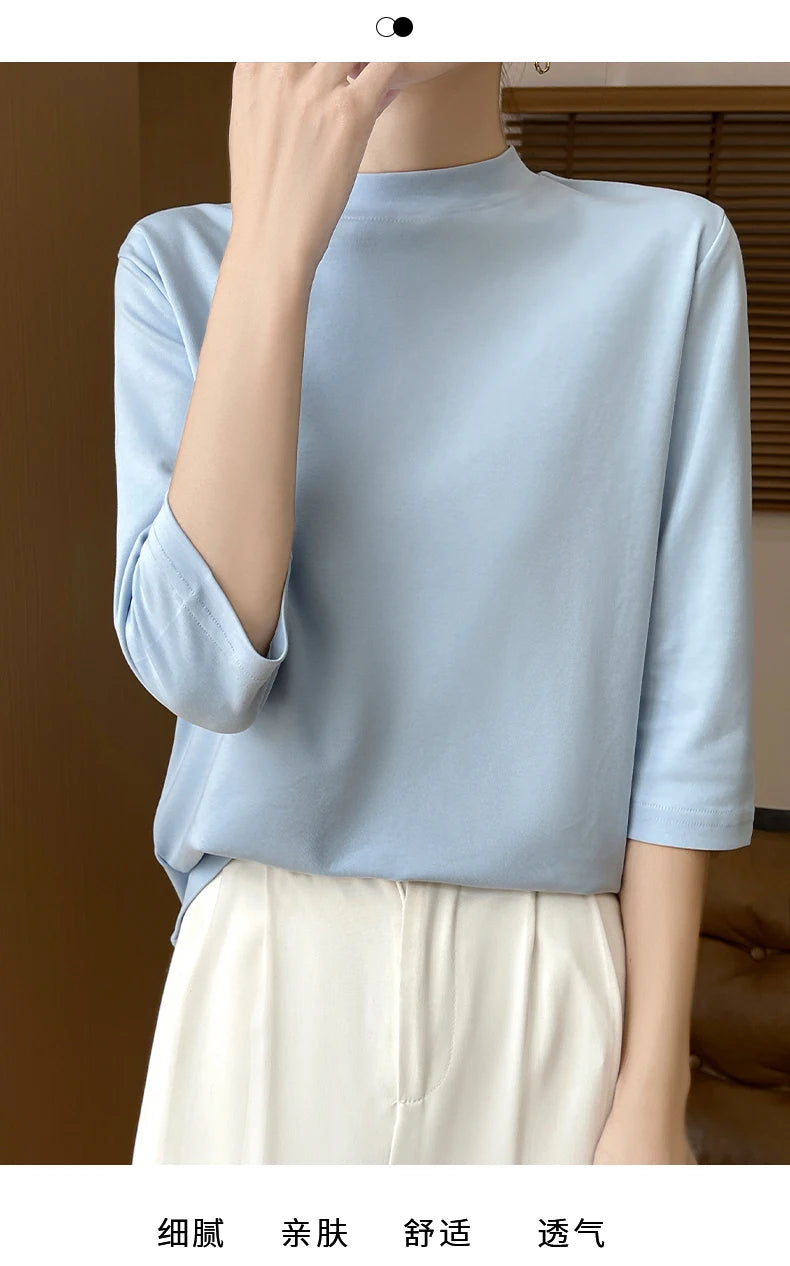 Cotton Cropped T-Shirt - Women's Semi-High Neck Loose Fit Three Quarter Sleeve Top - ZOOMNSTORE