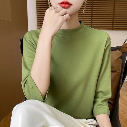 Cotton Cropped T-Shirt - Women's Semi-High Neck Loose Fit Three Quarter Sleeve Top - ZOOMNSTORE