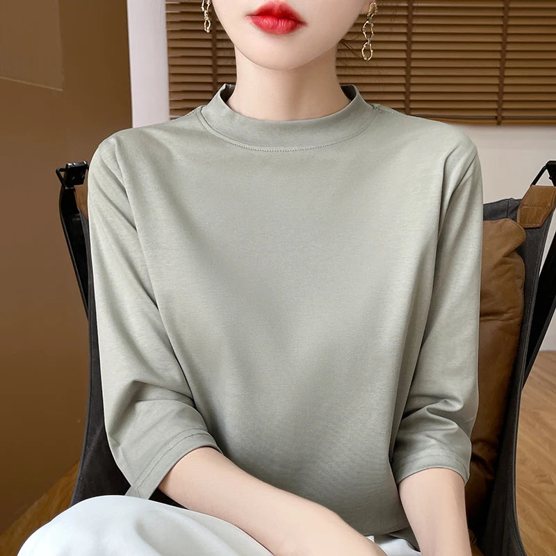 Cotton Cropped T-Shirt - Women's Semi-High Neck Loose Fit Three Quarter Sleeve Top - ZOOMNSTORE