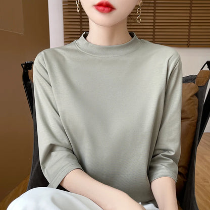 Cotton Cropped T-Shirt - Women's Semi-High Neck Loose Fit Three Quarter Sleeve Top - ZOOMNSTORE