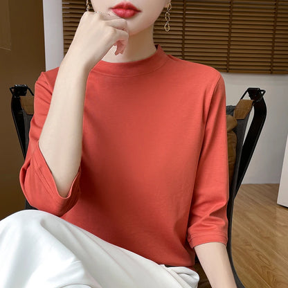 Cotton Cropped T-Shirt - Women's Semi-High Neck Loose Fit Three Quarter Sleeve Top - ZOOMNSTORE