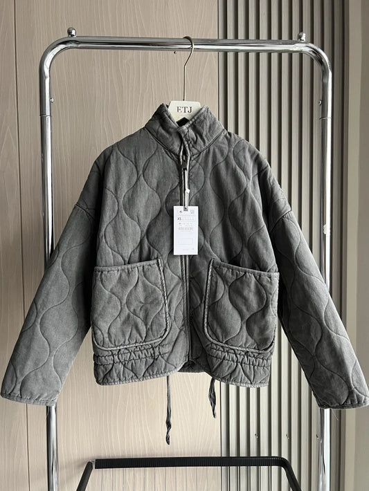 Vintage Womens Cotton Jacket - Quilted High Collar Coat with Large Pocket - ZOOMNSTORE