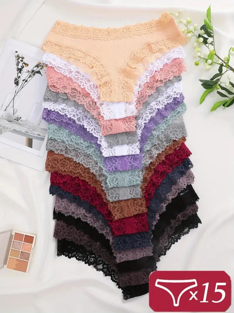 Cotton Lace Panties - 15Pcs Women Cotton Briefs Brazilian Lace Underwear Set - ZOOMNSTORE