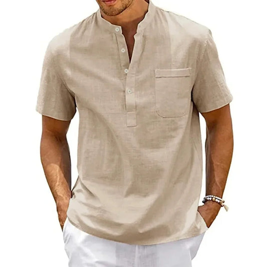 Mens Cotton Linen Henley Shirt - Casual Short Sleeve Pocket Top - ZOOMNSTORE