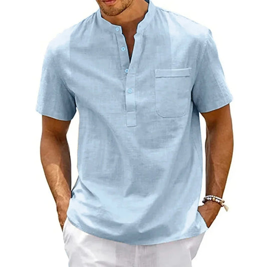 Mens Cotton Linen Henley Shirt - Casual Short Sleeve Pocket Tee - ZOOMNSTORE
