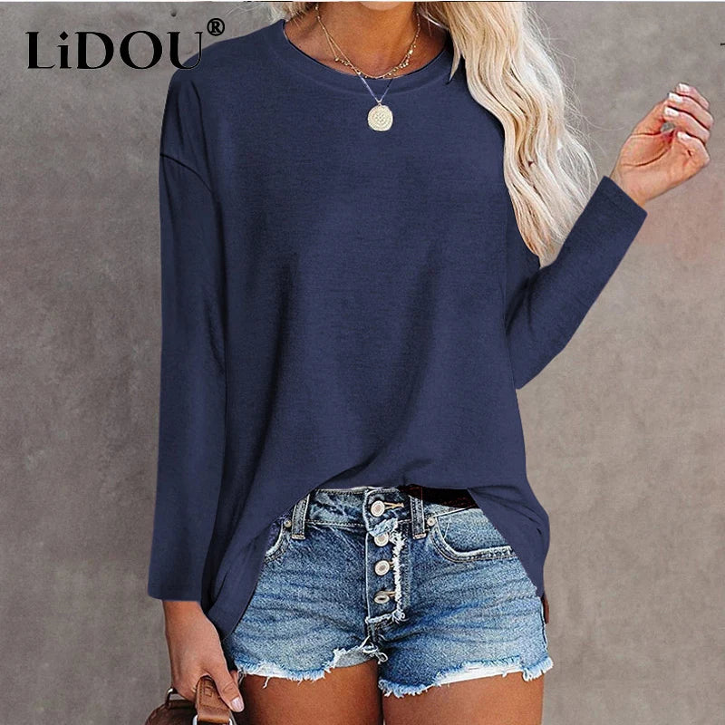 Cotton Long Sleeve T-Shirt - Women's Casual Tops | Loose Fit Solid Color Tee - ZOOMNSTORE