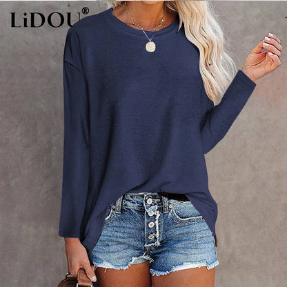 Cotton Long Sleeve T-Shirt - Women's Casual Tops | Loose Fit Solid Color Tee - ZOOMNSTORE