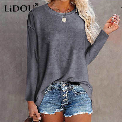 Cotton Long Sleeve T-Shirt - Women's Casual Tops | Loose Fit Solid Color Tee - ZOOMNSTORE