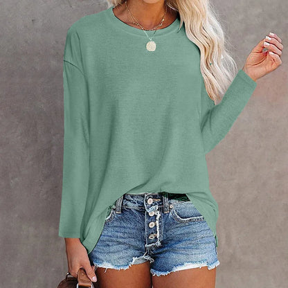 Cotton Long Sleeve T-Shirt - Women's Casual Tops | Loose Fit Solid Color Tee - ZOOMNSTORE
