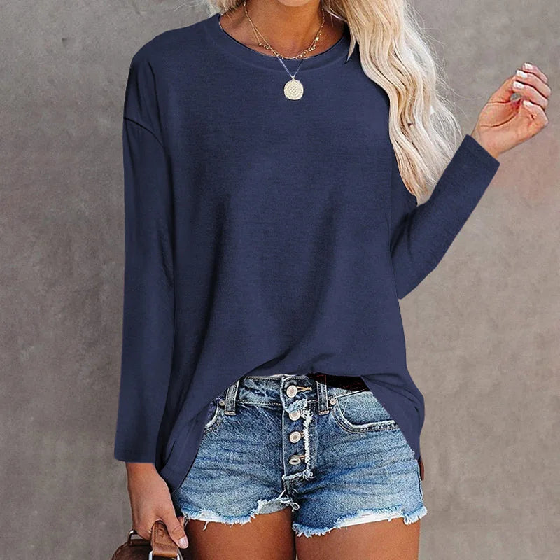 Cotton Long Sleeve T-Shirt - Women's Casual Tops | Loose Fit Solid Color Tee - ZOOMNSTORE