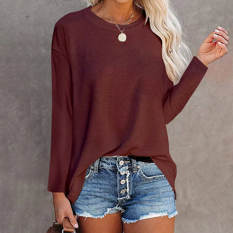 Cotton Long Sleeve T-Shirt - Women's Casual Tops | Loose Fit Solid Color Tee - ZOOMNSTORE