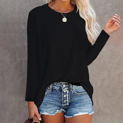 Cotton Long Sleeve T-Shirt - Women's Casual Tops | Loose Fit Solid Color Tee - ZOOMNSTORE