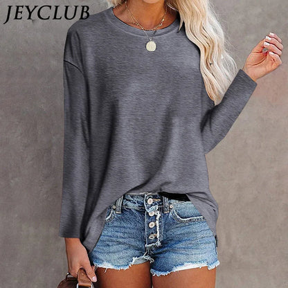 Cotton Long Sleeve T-Shirt - Women's Casual Tops | Loose Fit Solid Color Tee - ZOOMNSTORE