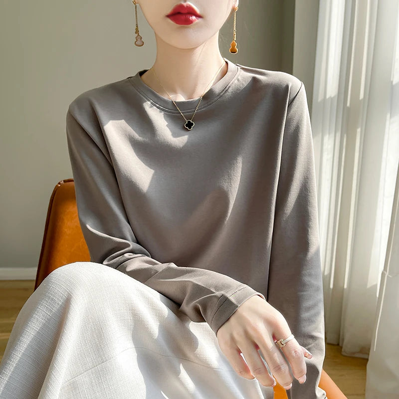 100 Cotton Womens Long-Sleeved Round Neck T-Shirt - Loose Bottoming Top for Spring  Autumn - ZOOMNSTORE