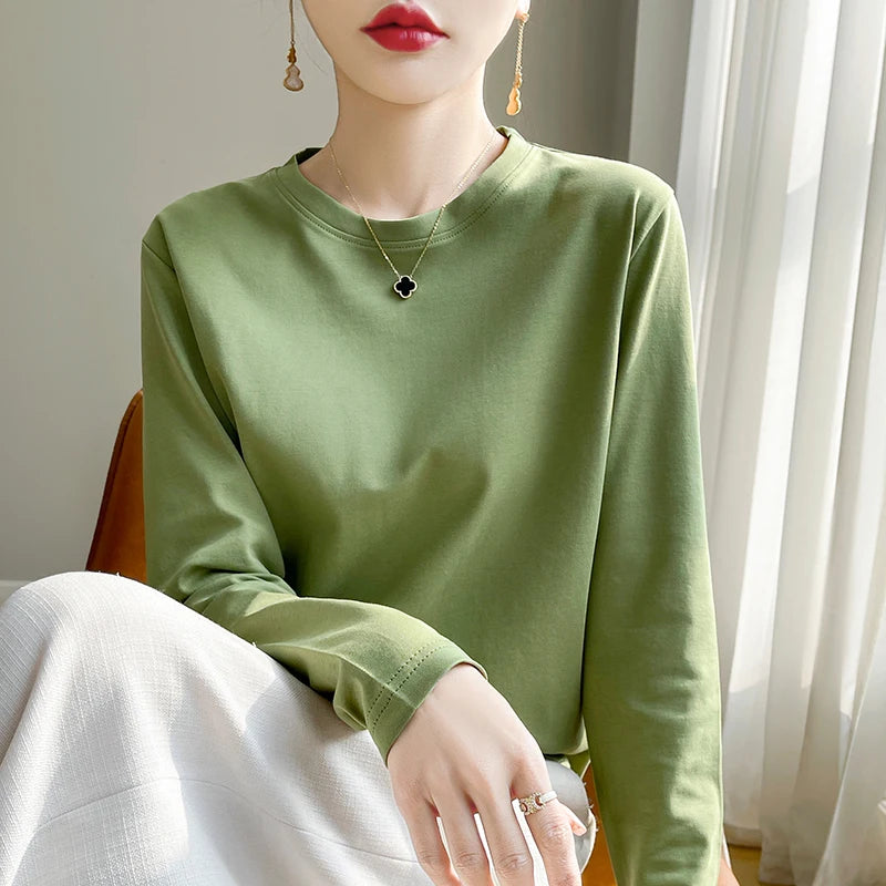 100 Cotton Womens Long-Sleeved Round Neck T-Shirt - Loose Bottoming Top for Spring  Autumn - ZOOMNSTORE