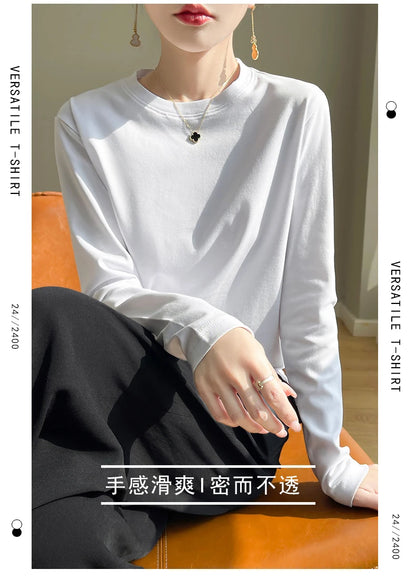 100 Cotton Womens Long-Sleeved Round Neck T-Shirt - Loose Bottoming Top for Spring  Autumn - ZOOMNSTORE