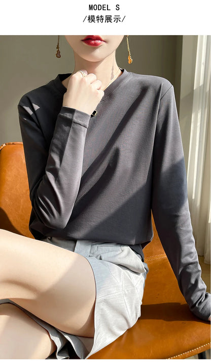 100 Cotton Womens Long-Sleeved Round Neck T-Shirt - Loose Bottoming Top for Spring  Autumn - ZOOMNSTORE