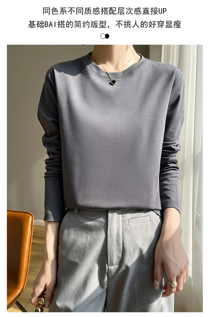 100 Cotton Womens Long-Sleeved Round Neck T-Shirt - Loose Bottoming Top for Spring  Autumn - ZOOMNSTORE