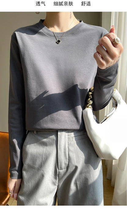 100 Cotton Womens Long-Sleeved Round Neck T-Shirt - Loose Bottoming Top for Spring  Autumn - ZOOMNSTORE