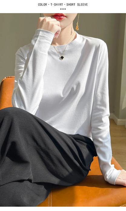 100 Cotton Womens Long-Sleeved Round Neck T-Shirt - Loose Bottoming Top for Spring  Autumn - ZOOMNSTORE