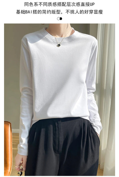 100 Cotton Womens Long-Sleeved Round Neck T-Shirt - Loose Bottoming Top for Spring  Autumn - ZOOMNSTORE