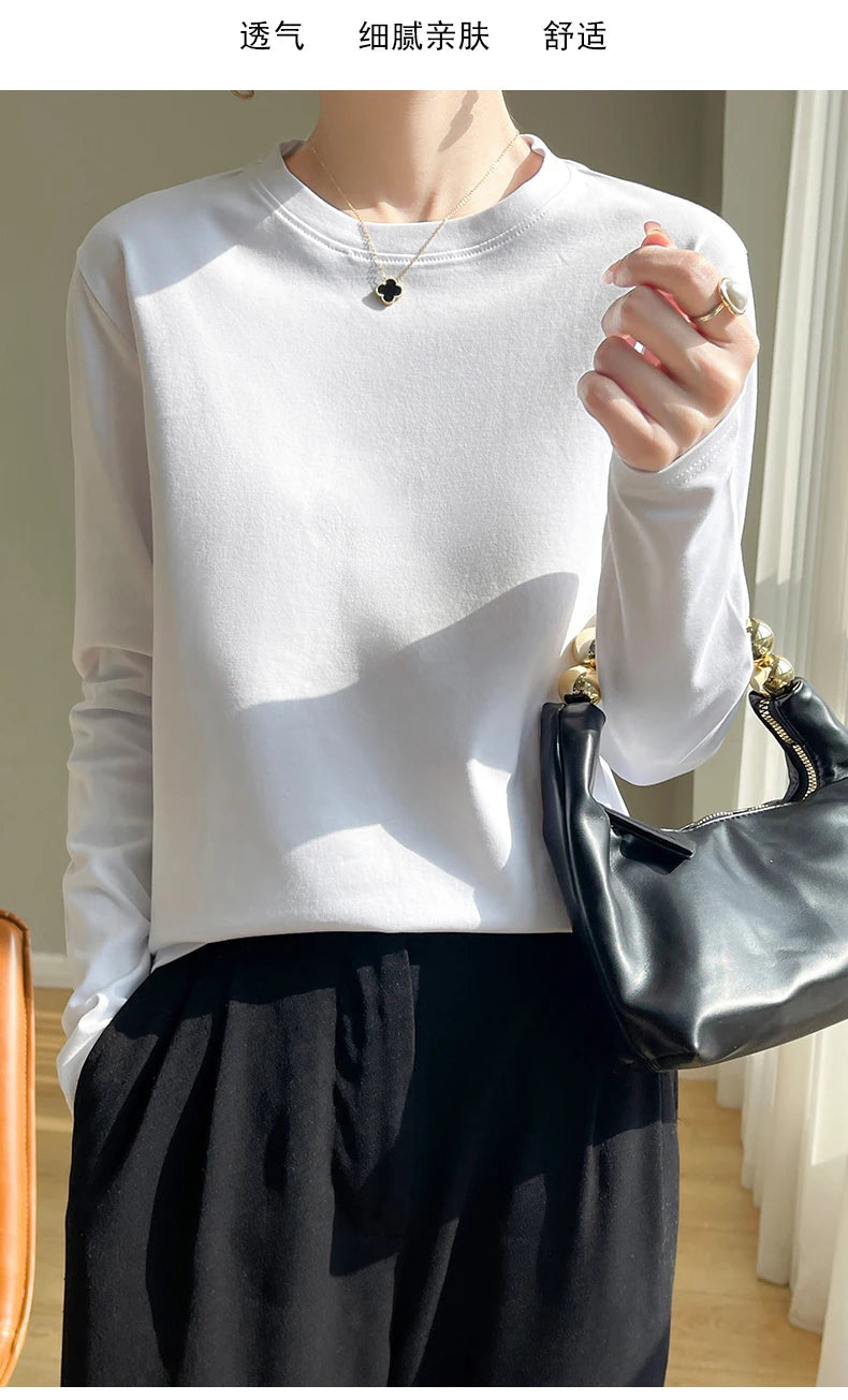 100 Cotton Womens Long-Sleeved Round Neck T-Shirt - Loose Bottoming Top for Spring  Autumn - ZOOMNSTORE
