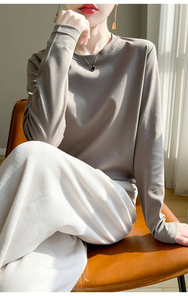 100 Cotton Womens Long-Sleeved Round Neck T-Shirt - Loose Bottoming Top for Spring  Autumn - ZOOMNSTORE