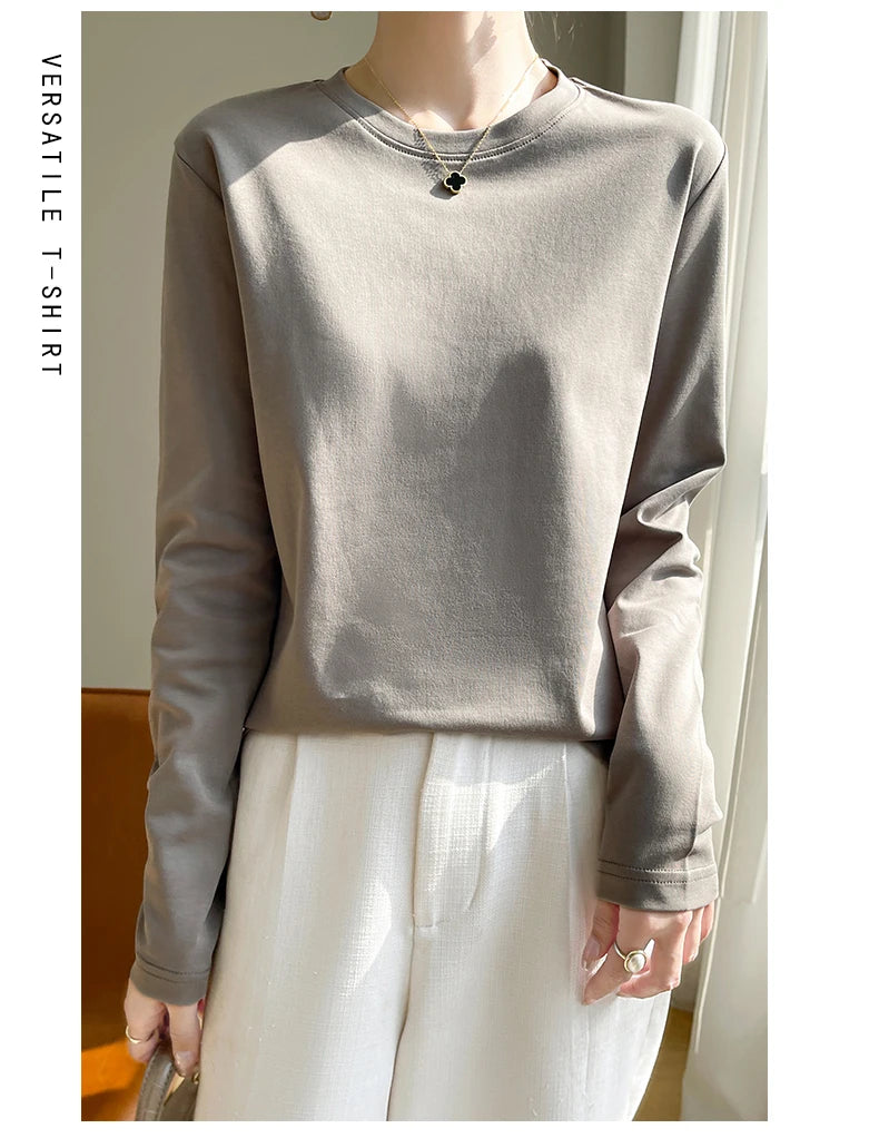 100 Cotton Womens Long-Sleeved Round Neck T-Shirt - Loose Bottoming Top for Spring  Autumn - ZOOMNSTORE