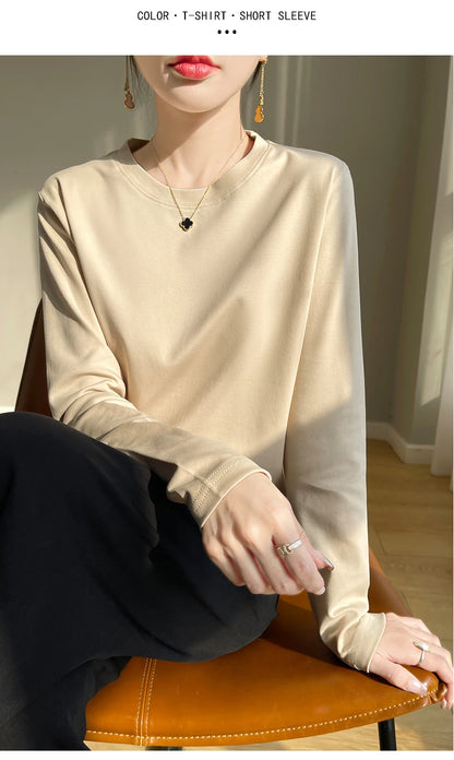 100 Cotton Womens Long-Sleeved Round Neck T-Shirt - Loose Bottoming Top for Spring  Autumn - ZOOMNSTORE