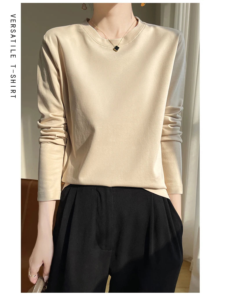 100 Cotton Womens Long-Sleeved Round Neck T-Shirt - Loose Bottoming Top for Spring  Autumn - ZOOMNSTORE