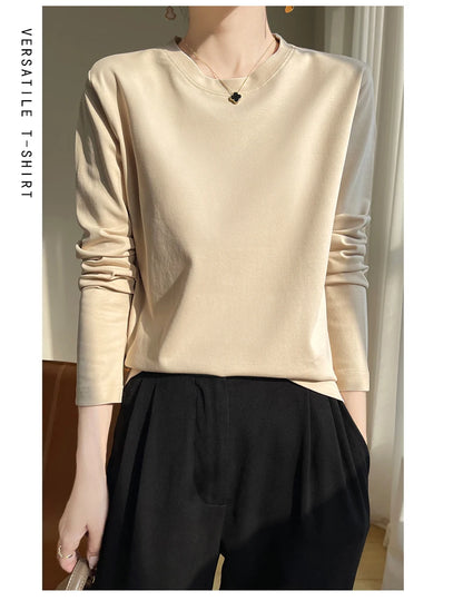 100 Cotton Womens Long-Sleeved Round Neck T-Shirt - Loose Bottoming Top for Spring  Autumn - ZOOMNSTORE
