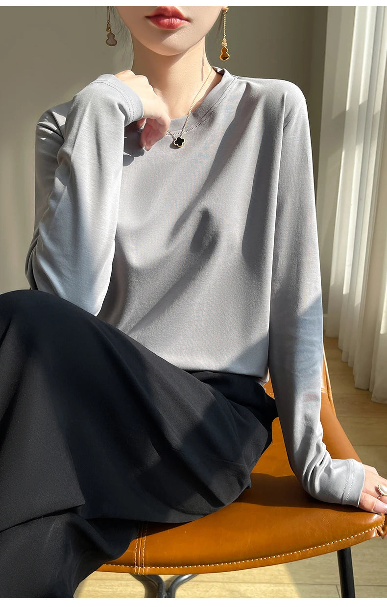 100 Cotton Womens Long-Sleeved Round Neck T-Shirt - Loose Bottoming Top for Spring  Autumn - ZOOMNSTORE