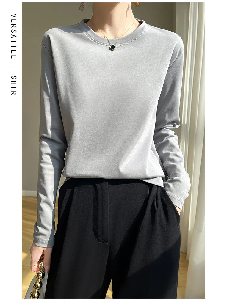 100 Cotton Womens Long-Sleeved Round Neck T-Shirt - Loose Bottoming Top for Spring  Autumn - ZOOMNSTORE
