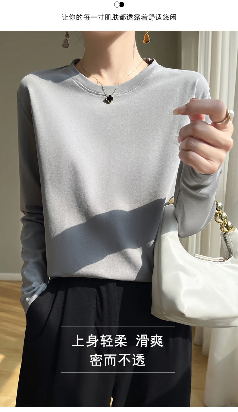 100 Cotton Womens Long-Sleeved Round Neck T-Shirt - Loose Bottoming Top for Spring  Autumn - ZOOMNSTORE