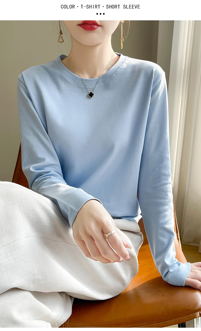 100 Cotton Womens Long-Sleeved Round Neck T-Shirt - Loose Bottoming Top for Spring  Autumn - ZOOMNSTORE