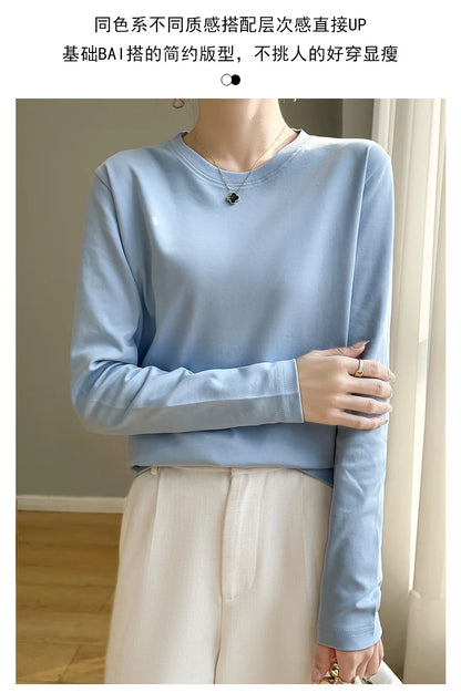 100 Cotton Womens Long-Sleeved Round Neck T-Shirt - Loose Bottoming Top for Spring  Autumn - ZOOMNSTORE