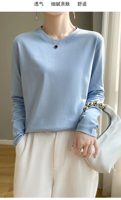 100 Cotton Womens Long-Sleeved Round Neck T-Shirt - Loose Bottoming Top for Spring  Autumn - ZOOMNSTORE