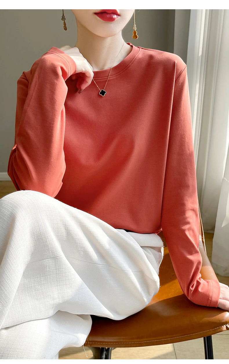 100 Cotton Womens Long-Sleeved Round Neck T-Shirt - Loose Bottoming Top for Spring  Autumn - ZOOMNSTORE