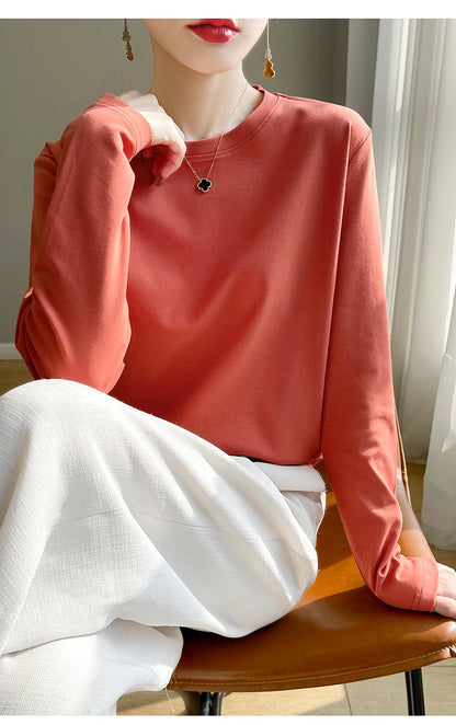 100 Cotton Womens Long-Sleeved Round Neck T-Shirt - Loose Bottoming Top for Spring  Autumn - ZOOMNSTORE