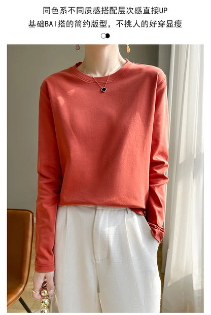 100 Cotton Womens Long-Sleeved Round Neck T-Shirt - Loose Bottoming Top for Spring  Autumn - ZOOMNSTORE