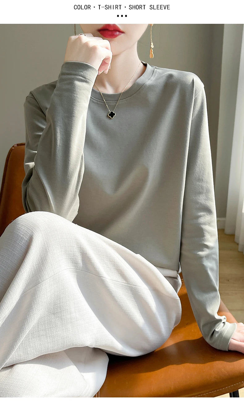 100 Cotton Womens Long-Sleeved Round Neck T-Shirt - Loose Bottoming Top for Spring  Autumn - ZOOMNSTORE